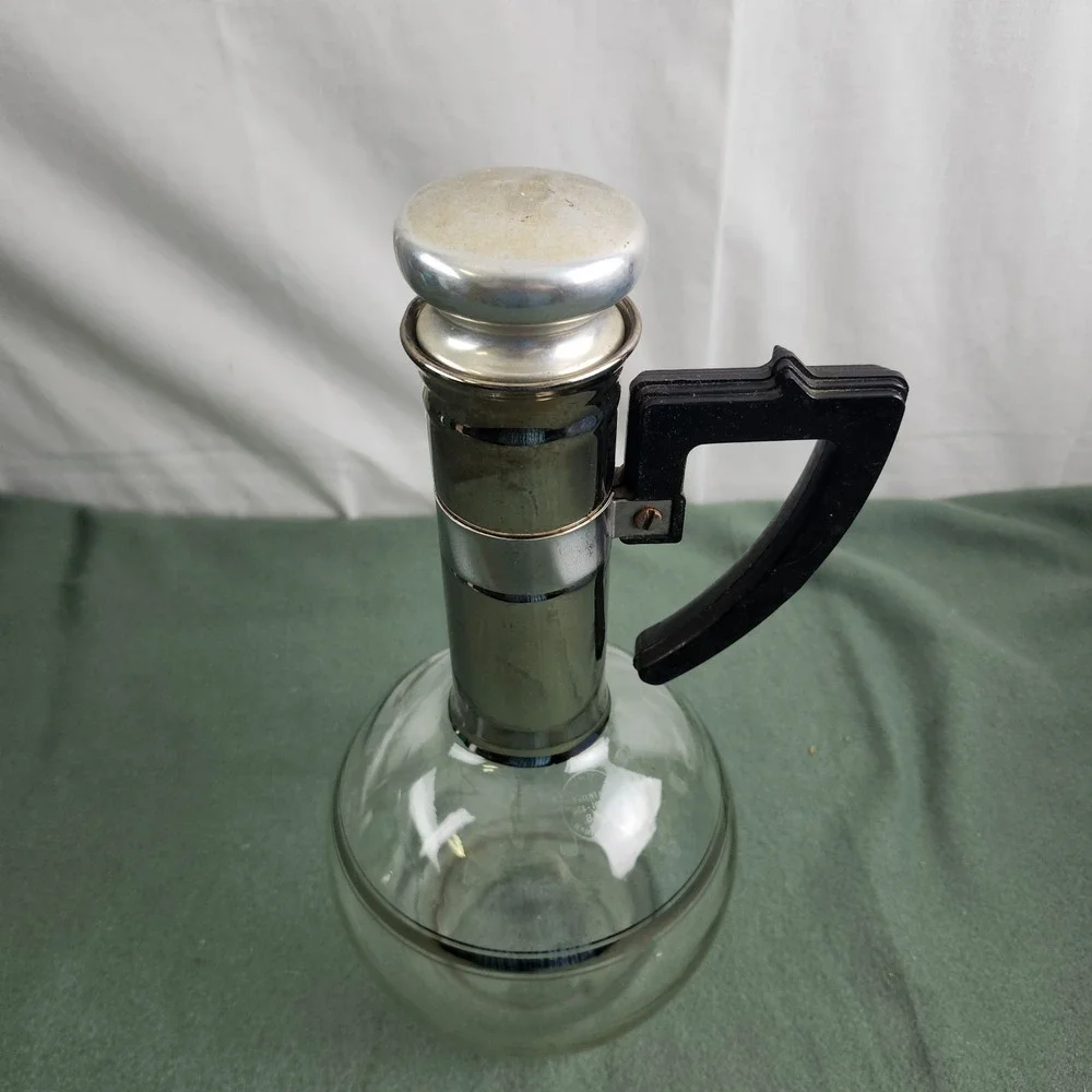 Vintage Inland Glass Carafe MCM Coffee 2‎ Cup Silver Tone w/Stopper Bakelite
